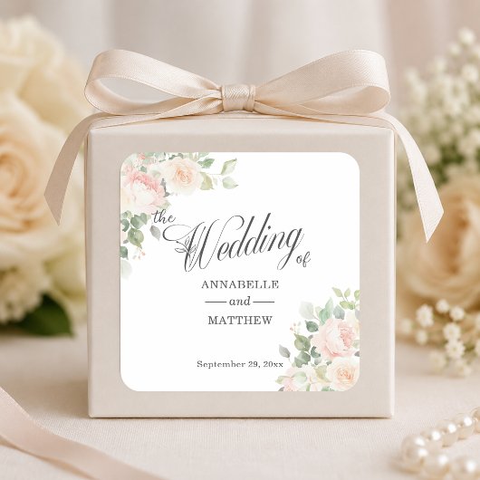 Elegante zachte blosende rozen bruiloft vierkante sticker