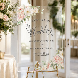 Elegante zachte blosende rozen bruiloft welkom acryl bord