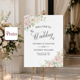 Elegante zachte blosende rozen bruiloft welkom poster