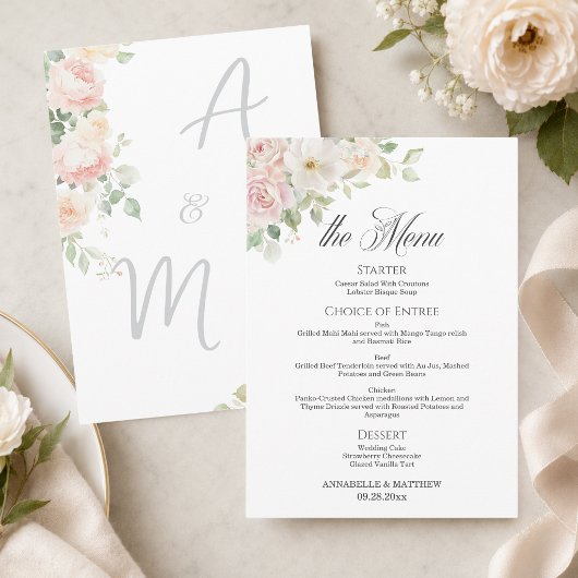 Elegante zachte blozende rozen huwelijksmenu menu