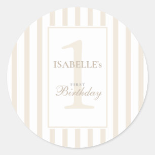 Elegante zachte champagne streep 1e verjaardag ronde sticker