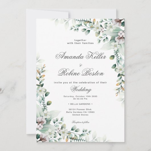 Elegante zachte groene eucalyptus bloemenbruiloft kaart (Voorkant)