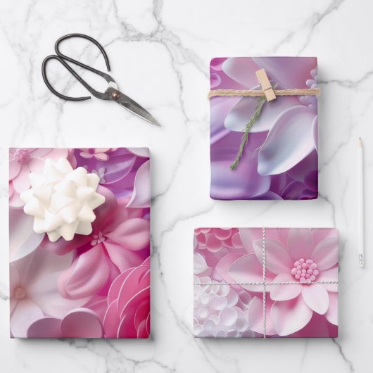 Elegante Zachte Kleuren 3D Roze Bloemen Patroon Bl Inpakpapier Vel (Voorkant)