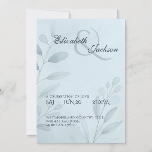 Elegante zachte koelblauwe botanische script bruil kaart (Voorkant)