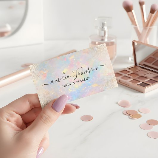 Elegante zachte opal make-up & haarstyling visitekaartje