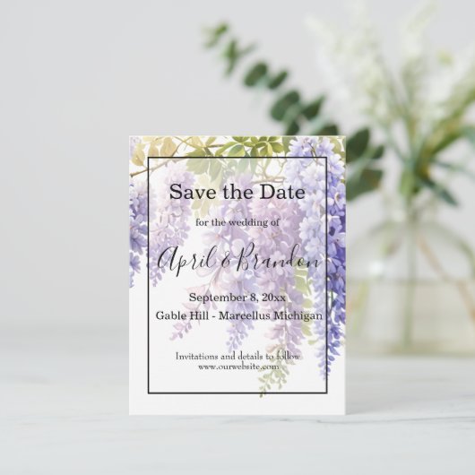 Elegante zachte paarse waterverf wisteria bruiloft save the date (Staand voorkant)