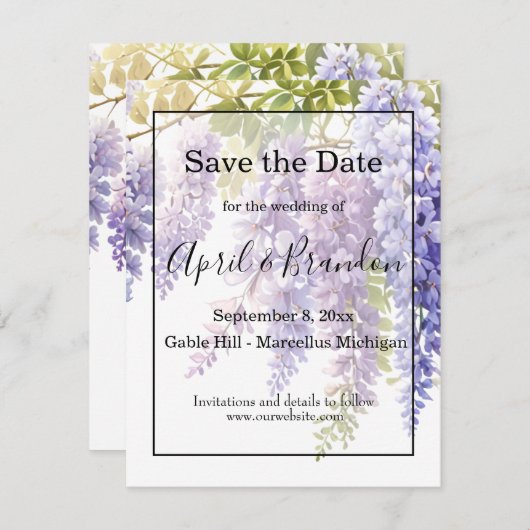 Elegante zachte paarse waterverf wisteria bruiloft save the date (Voorkant / Achterkant)