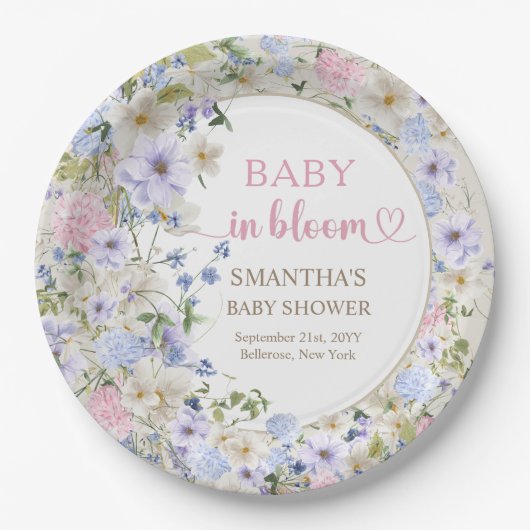 Elegante zachte pastel wilde bloemen roze lichtbla papieren bordje (Voorkant)
