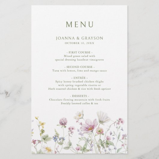 Elegante zachte pastel Wildflower Botanisch Menu (Voorkant)