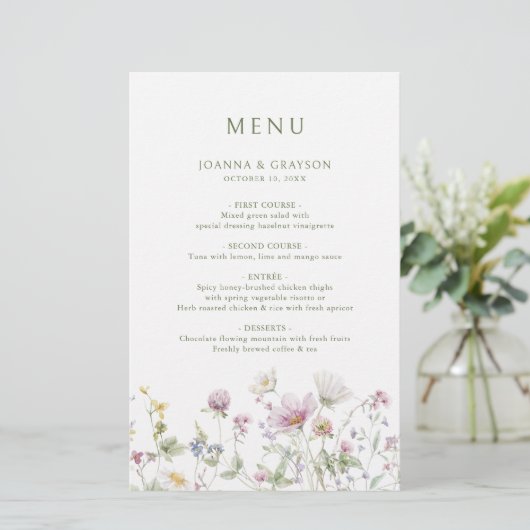 Elegante zachte pastel Wildflower Botanisch Menu (Staand voorkant)