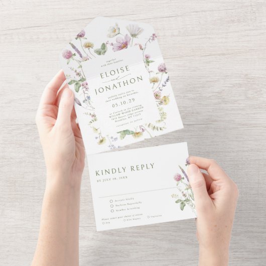 Elegante zachte pastel Wildflower Botanische bruil All In One Uitnodiging (Afscheurbaar)