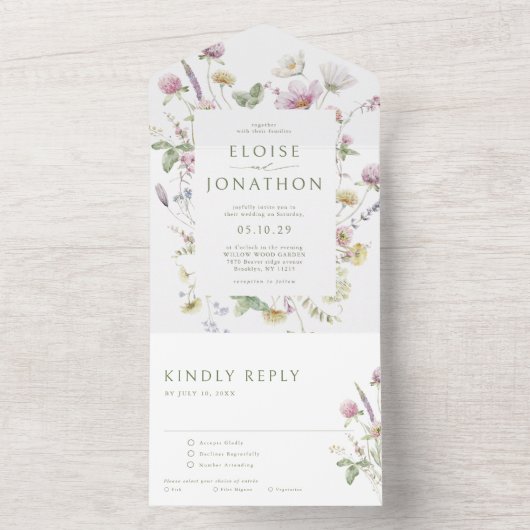 Elegante zachte pastel Wildflower Botanische bruil All In One Uitnodiging (Binnen)