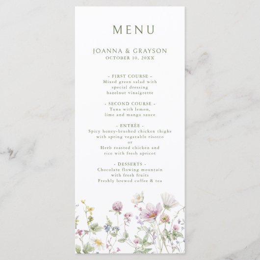 Elegante zachte pastel Wildflower Botanische bruil Menu (Voorkant)