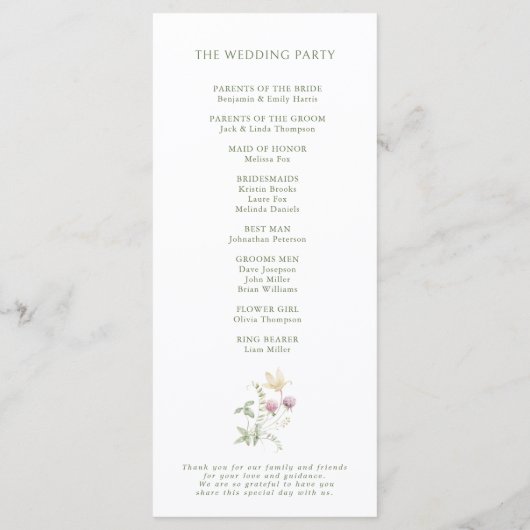 Elegante zachte pastel Wildflower Botanische bruil Programmakaart (Achterkant)