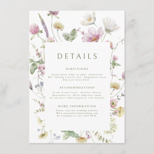 Elegante zachte pastel Wildflower Wedding Details Informatiekaartje (Voorkant)