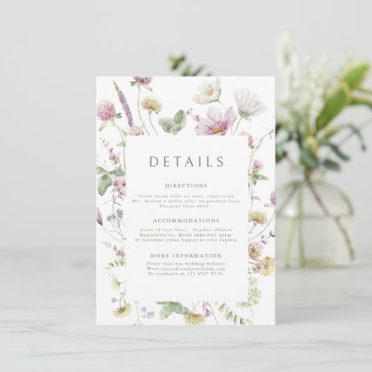 Elegante zachte pastel Wildflower Wedding Details Informatiekaartje (Staand voorkant)