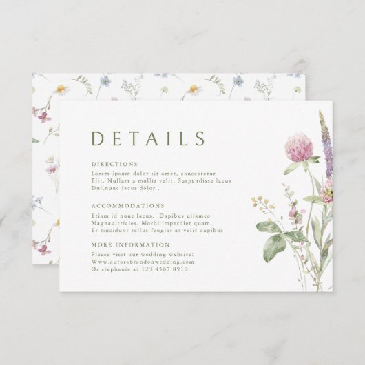Elegante zachte pastel Wildflower Wedding Details Informatiekaartje (Voorkant / Achterkant)