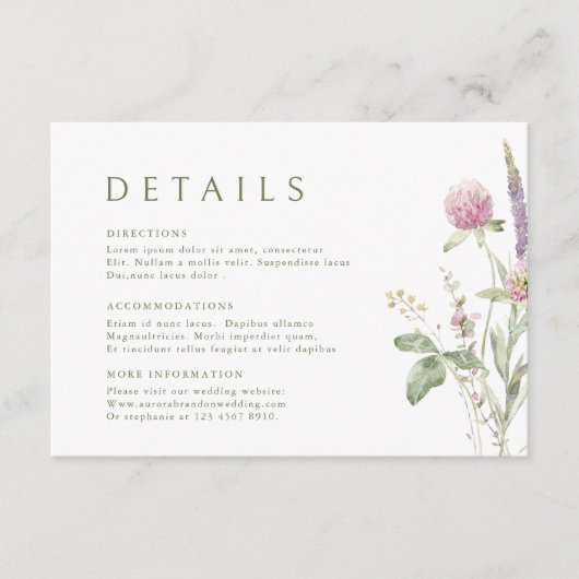 Elegante zachte pastel Wildflower Wedding Details Informatiekaartje (Voorkant)