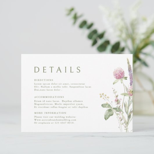 Elegante zachte pastel Wildflower Wedding Details Informatiekaartje (Staand voorkant)