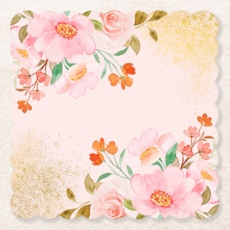 Elegante zachte pastelbloemen met gouden textuur kartonnen onderzetters