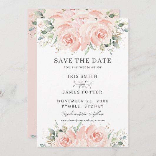 Elegante zachte pastelroze bloemrozen bruiloft save the date (Voorkant / Achterkant)
