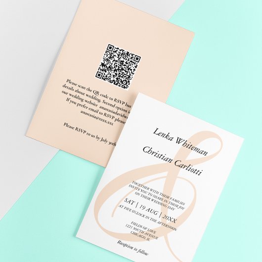 Elegante zachte perzik Ampersand QR-code bruiloft Kaart