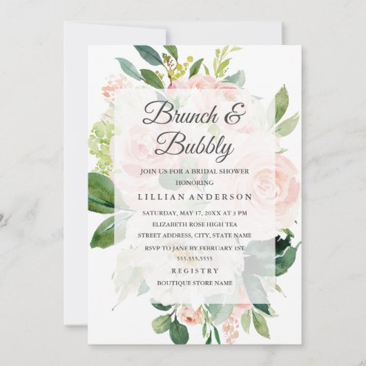 Elegante zachte perzik bloei brunch en bubbels kaart (Voorkant)