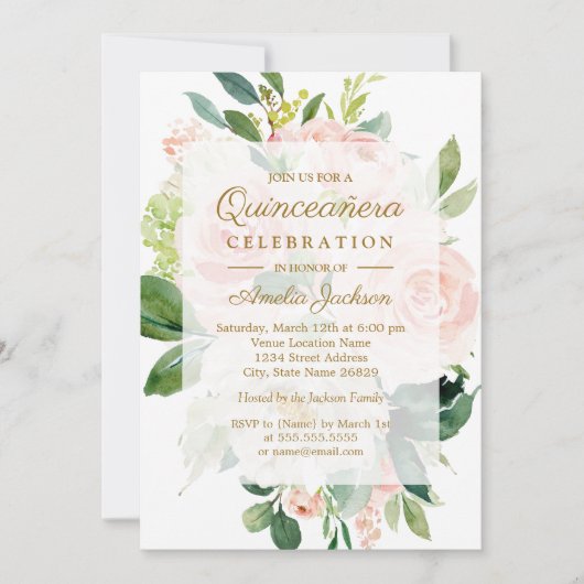 Elegante zachte perzik bloei quinceanera verjaarda kaart (Voorkant)