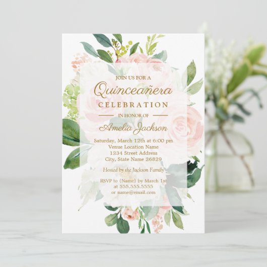 Elegante zachte perzik bloei quinceanera verjaarda kaart (Staand voorkant)