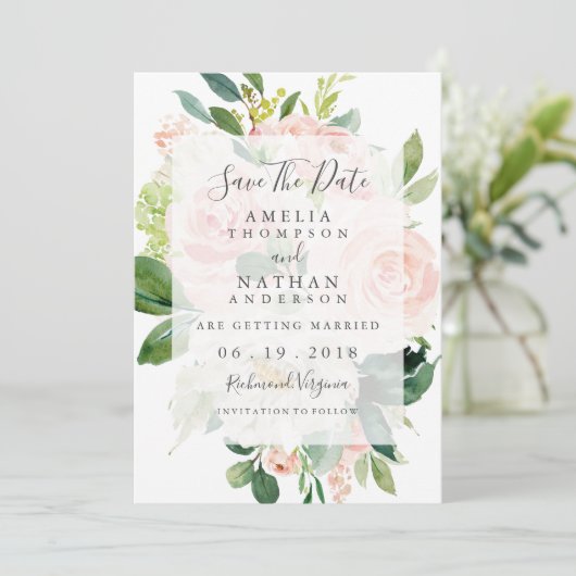 Elegante zachte perzik bloom bruiloft Save the dat Kaart (Staand voorkant)