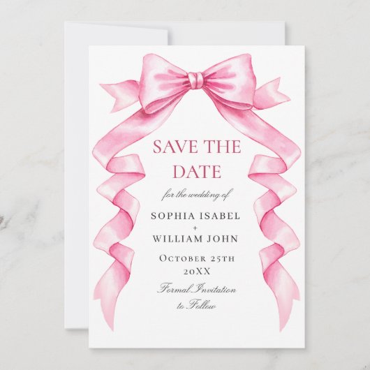 Elegante Zachte Roze Hand Getrokken Bow Wedding QR Save The Date (Voorkant)
