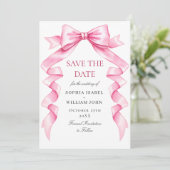 Elegante Zachte Roze Hand Getrokken Bow Wedding QR Save The Date (Staand voorkant)