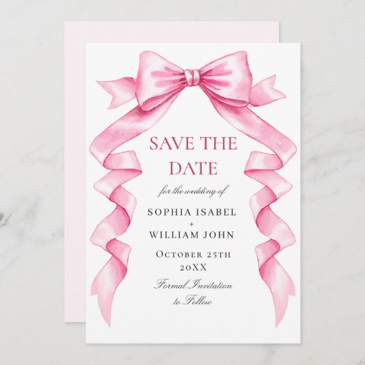 Elegante Zachte Roze Hand Getrokken Bow Wedding QR Save The Date (Voorkant / Achterkant)