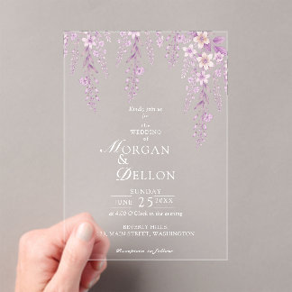 Elegante zachte roze lavendel bloemige bruiloft acryl uitnodigingen
