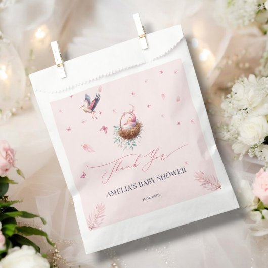 Elegante zachte roze ooievaar dank u bedankzakje