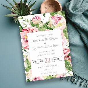 Elegante zachte roze pioen waterverf bruiloft kaart