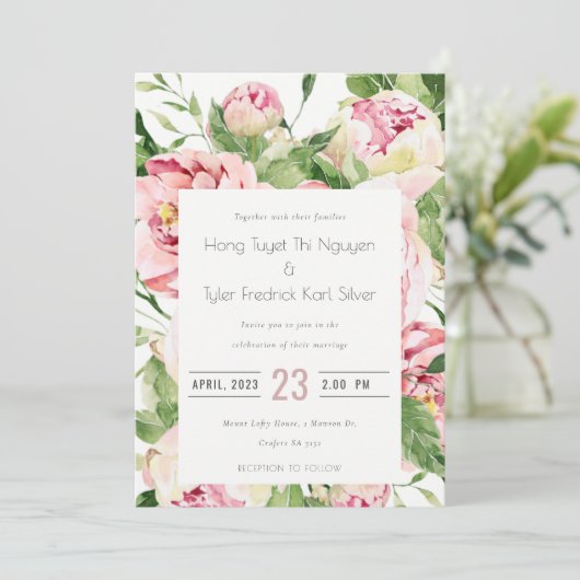 Elegante zachte roze pioen waterverf bruiloft kaart (Staand voorkant)