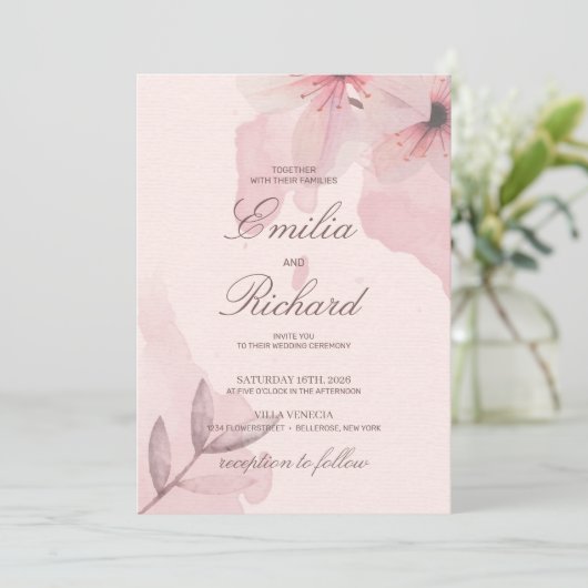 Elegante zachte roze poeder bloemenland bruiloft kaart (Staand voorkant)