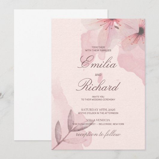 Elegante zachte roze poeder bloemenland bruiloft kaart (Voorkant / Achterkant)