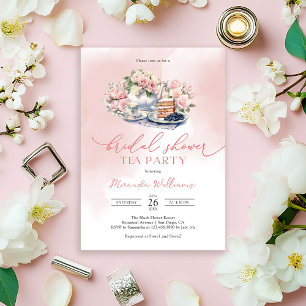 Elegante zachte roze rozen bruids douche thee part kaart