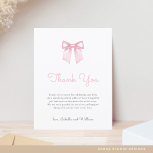 Elegante zachte roze strik babyshower bedankje briefkaart