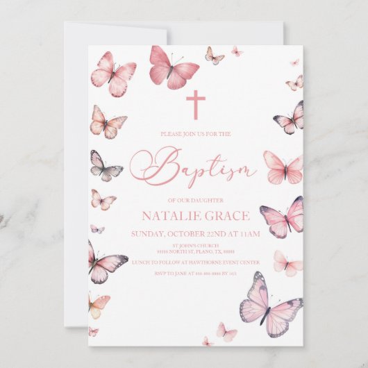 Elegante zachte roze vlinder doop kaart (Voorkant)