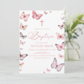 Elegante zachte roze vlinder doop kaart (Staand voorkant)