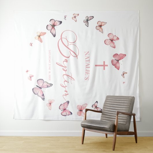 Elegante zachte roze vlinder doop wandkleed (In Situ (horizontaal))