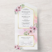 Elegante zachte roze waterverf bloem bruiloft all in one uitnodiging (Binnen)