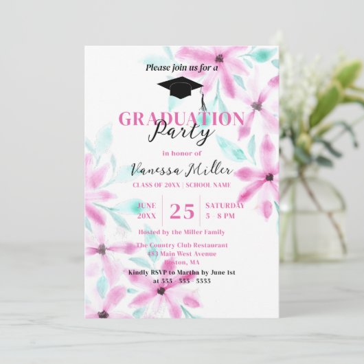 Elegante zachte roze waterverf bloemen afstuderen kaart (Staand voorkant)