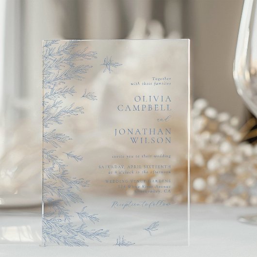 Elegante zachte stoffige blauwe bladeren botanisch acryl uitnodigingen