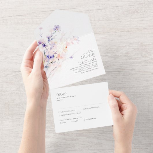 Elegante Zachte Waterverf Bloemen Paarse Bruiloft All In One Uitnodiging (Afscheurbaar)