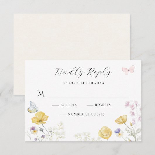 Elegante zachte wilde bloemen vlinder RSVP kaartje (Voorkant / Achterkant)