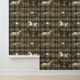 Elegante Zadelpaarden Bruin Beige Plaid Behang